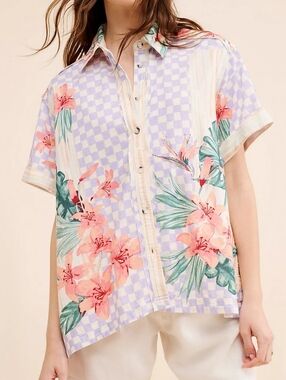 We The Free Retro Tropics Linen Blend Shirt Sz Medium Floral Resortwear Summer